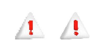 Pixelated red exclamation marks inside white warning triangles, digital alert symbols with a glossy effect vector
