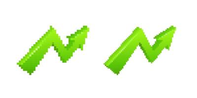 Pixel art green arrows pointing upwards symbolize growth and progress in digital graphics vector