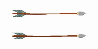 Pixel art style wooden arrows with feather fletching and stone arrowheads for games vector