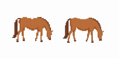 Pixel art horses grazing showing simplistic style and retro game graphics vector