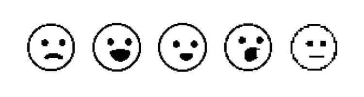 Pixel art expressions displaying five emotions in monochrome style with simple facial features vector