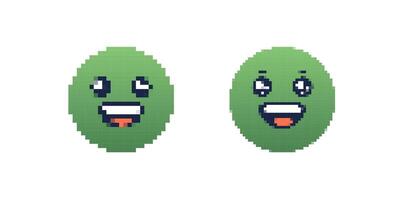 Pixel art green emojis with bright expressions and smiling faces in a fun cartoon style vector