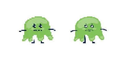 Two cute green aliens with smiling faces and small legs in cartoon pixel art style vector