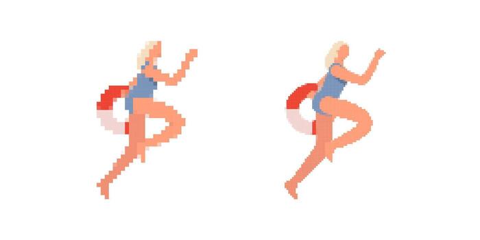 Pixel art runner with lifebuoy showing movement and action in simple pixelated style vector