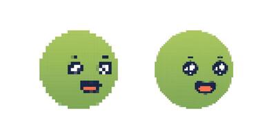 Pixelated green smiley faces with different expressions in simple graphic style vector
