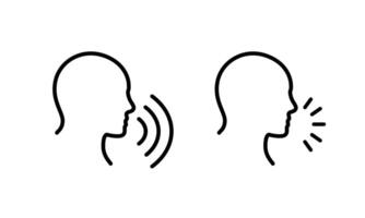 Simple line art of two silhouettes communicating through sound waves and voice projection vector