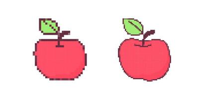Pixel art red apples with green leaves in retro style vector