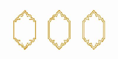 Three intricate gold pixel frames with geometric patterns and symmetrical designs vector