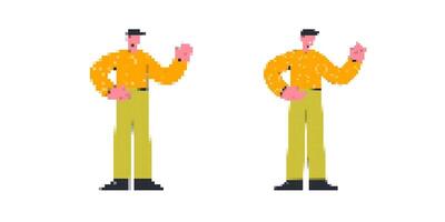 Pixel art characters in yellow shirts and green pants holding their hands up vector