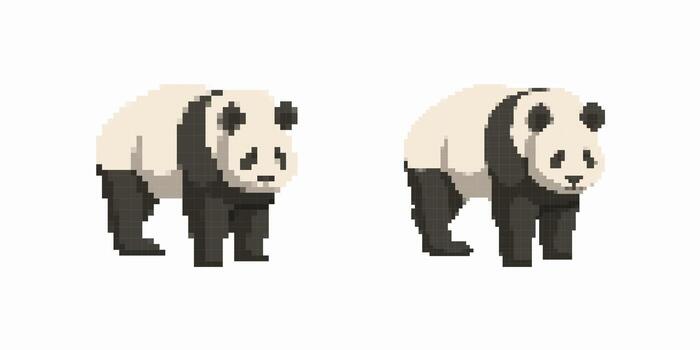 Pixel art pandas depicting cute stylized animals in simplified block design vector