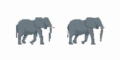Pixel art elephants with long trunks illustrating minimalist design in simplistic style vector