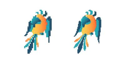 Pixel art parrots with vibrant colors and abstract geometric shapes in dynamic design vector