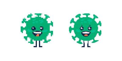 Two cute cartoon virus characters with smiling faces and simple pixel art design vector