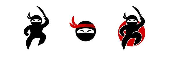 Three ninja icons with swords and red highlights on a simple white background vector