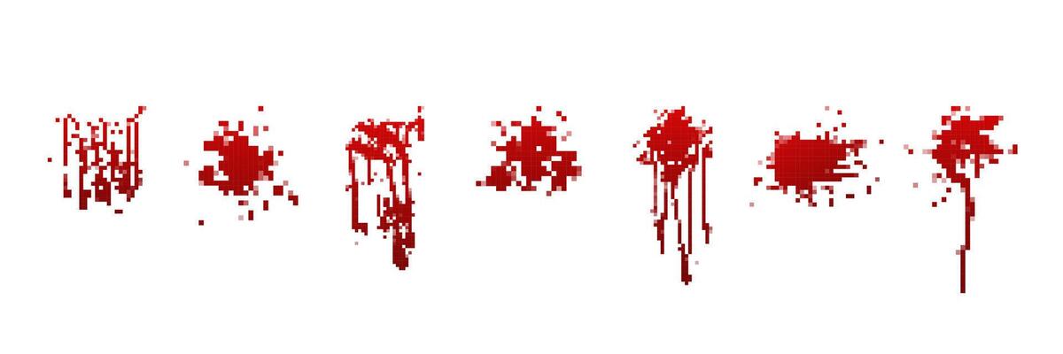 Red paint splatter marks with drips in varying heights and shapes on white background