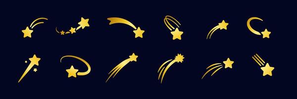 Collection of elegant golden shooting stars and comets in various positions and poses vector
