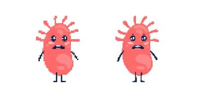 Two cute pixel art creatures with round bodies and silly expressions in playful cartoon style vector