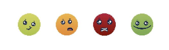 Pixel art emojis showcasing various emotions in simple colorful designs vector