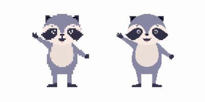 Two cute pixel raccoons waving happily with smiling faces and pointed ears vector