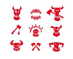 Orc skull icon with horns and axes for brutal fantasy themes. vector