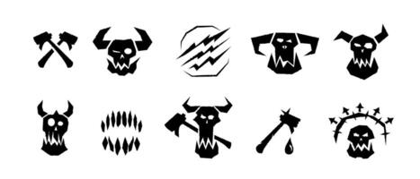 Minimalistic orc icon with horns and axes for fantasy games. vector