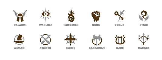 Fantasy class symbols for gaming and role-playing characters including paladin and wizard vector