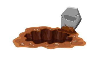Cartoon image of broken tombstone and deep hole in brown earth vector