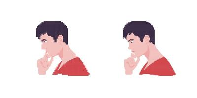 Pixel art style of two side profiles of a thoughtful person wearing a red shirt vector