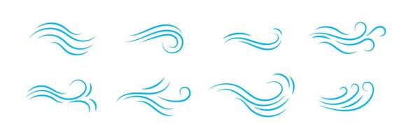 Set of eight blue wave symbols showing movement and flow with curvy lines on a clean surface vector