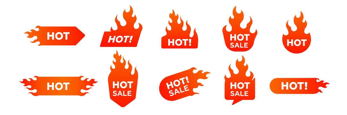 Bright red hot sale labels with fire shapes and bold text for marketing and advertising
