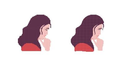 Side and front view of woman pixel art with red top and long hair vector