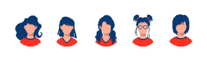 Five cartoon faces in pixel art style with different hairstyles and features vector