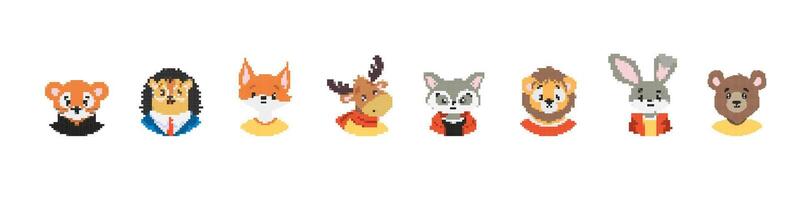 Collection of eight pixel art animals in vibrant colors and outfits featuring different expressions vector