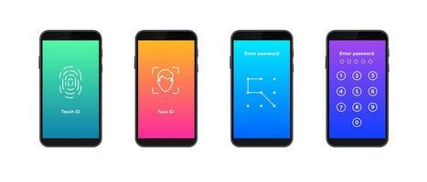 Different smartphone security options. touch id, face id, pattern, and numeric password vector