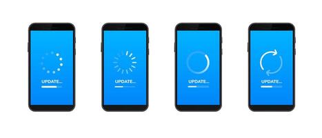 Mobile devices displaying software update progress with different loading indicators vector