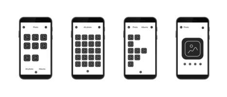 Four smartphones displaying different grid layouts of image icons on screens vector