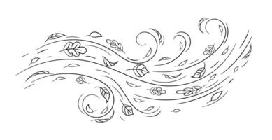 Stylized swirling wind with leaves in simple black line art design vector