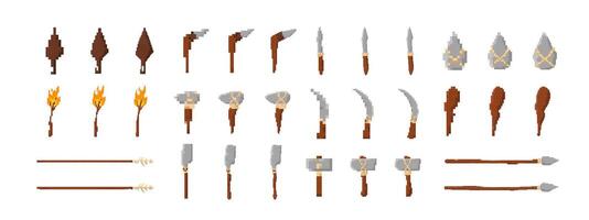 Collection of pixel art weapons and tools in various designs and arrangements vector