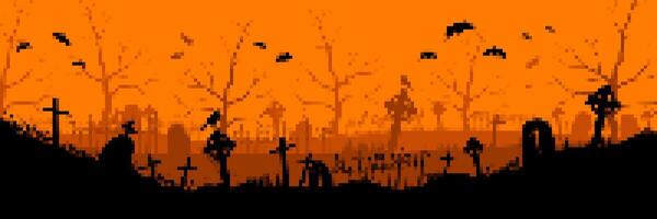 Spooky graveyard with bare trees and flying bats at dusk in pixel art style illustration vector