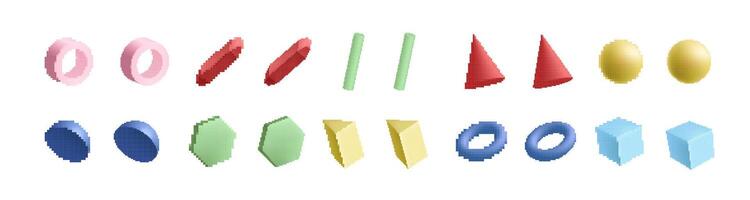 Colorful geometric shapes of various forms including cones and spheres in a unique pattern vector
