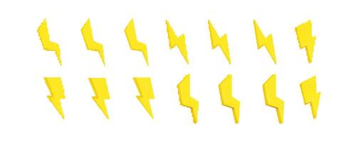 Set of yellow lightning bolt symbols in different positions and unique angles vector