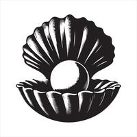 seashell with a pearl inside black silhouette white background vector