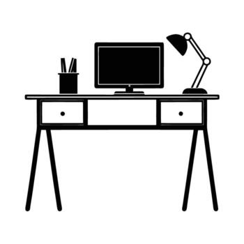 Minimalist desk setup silhouette on white background for streamlined office efficiency vector