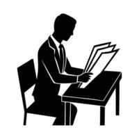 Person reviewing documents at a desk silhouette for detailed report analysis vector
