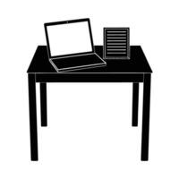 Business silhouette of office desk featuring open laptop and documents for organized workflow vector