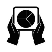 Business silhouette of hands with tablet showing pie chart for performance metrics vector