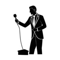 Business silhouette of presenter adjusting lavalier microphone for optimal audio quality vector