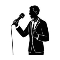 Business silhouette of presenter fine-tuning lavalier microphone for clear speech vector