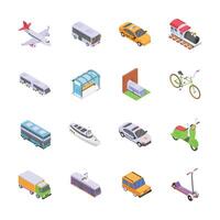 A collection of various transportation methods depicted in a bright, colorful, and engaging isometric style. vector