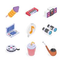 This image features a collection of colorful, isometric icons depicting various entertainment options. vector